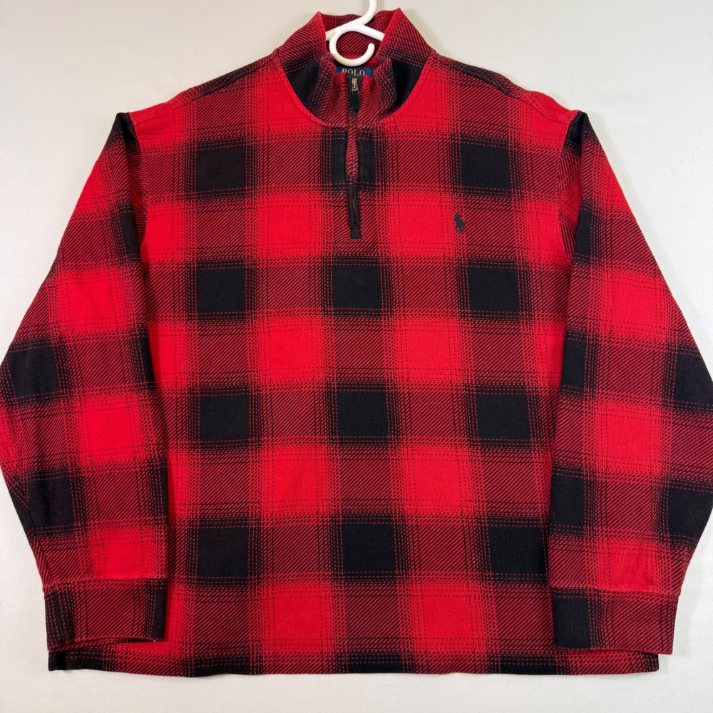 Polo Ralph Lauren Estate Rib 1/4 Zip Pullover Mens XL Red Black Buffalo Plaid